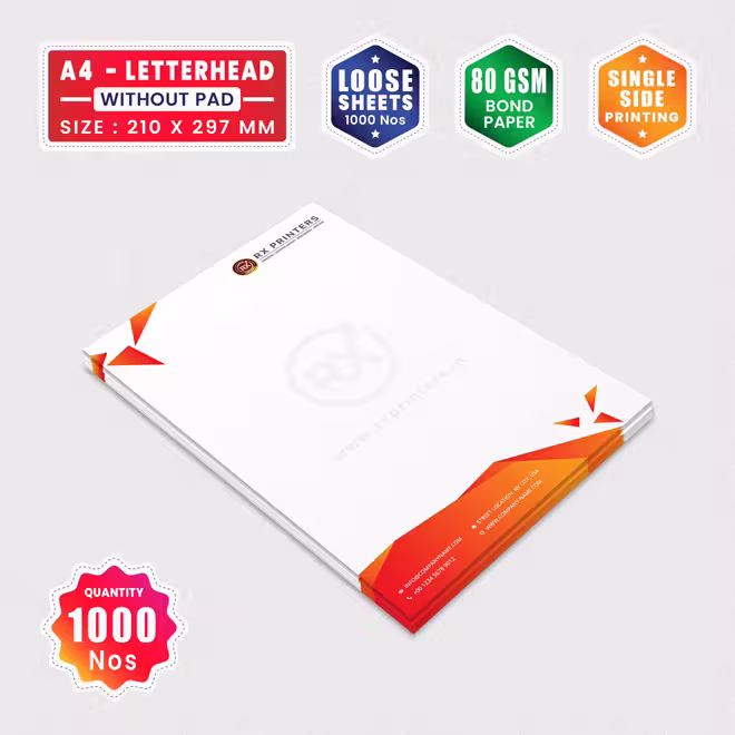 1000 Copies A4 Size Letterhead without Pad | Loose Sheets | 80GSM Bond Paper | 210 x 297 mm 1000 Copies A4 Size Letterhead without Pad | Loose Sheets | 80GSM Bond Paper | 210 x 297 mm