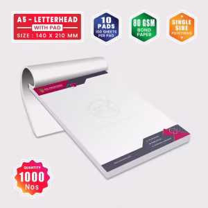 1000 Copies A5 Size Letterhead with 10 Pads | 80GSM Bond Paper | 140 x 210 mm