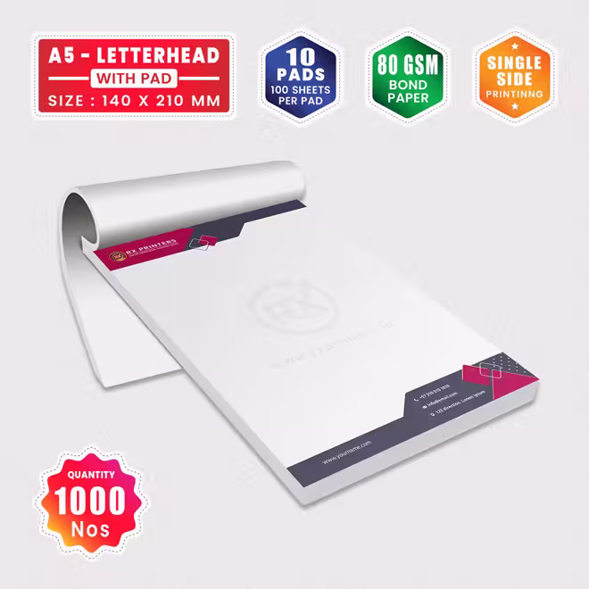 1000 Copies A5 Size Letterhead with 10 Pads | 80GSM Bond Paper | 140 x 210 mm 1000 Copies A5 Size Letterhead with 10 Pads | 80GSM Bond Paper | 140 x 210 mm