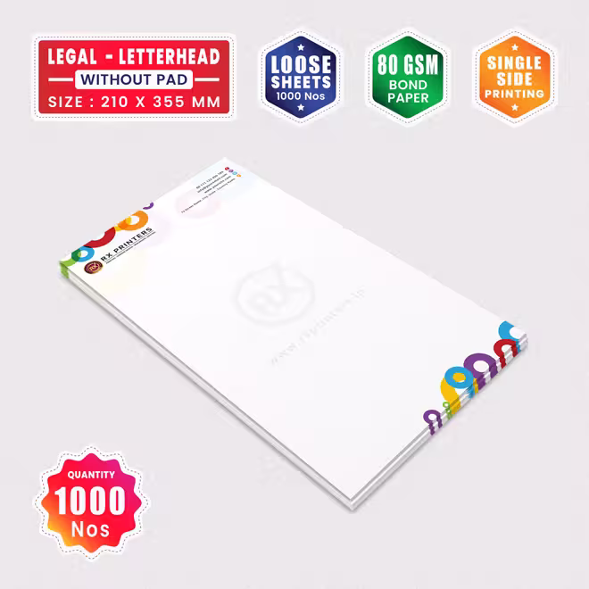 1000 Copies Legal Size Letterhead without Pad | Loose Sheets | 80GSM Bond Paper | 210 x 355 mm 1000 Copies Legal Size Letterhead without Pad | Loose Sheets | 80GSM Bond Paper | 210 x 355 mm