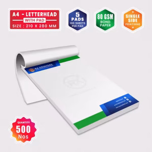 500 Copies A4 Size Letterhead with 5 Pads | 80GSM Bond Paper | 210 x 280 mm