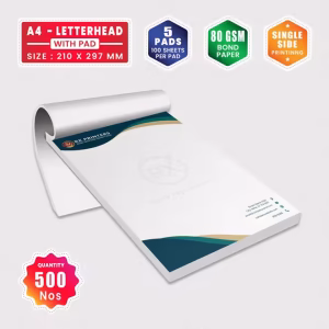 500 Copies A4 Size Letterhead with 5 Pads | 80GSM Bond Paper | 210 x 297 mm