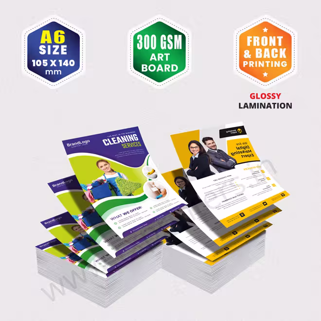 A6 Size : 105x140mm | 300 GSM Art Board | Front & Back Printing | Glossy Lamination A6 Size : 105x140mm | 300 GSM Art Board | Front & Back Printing | Glossy Lamination